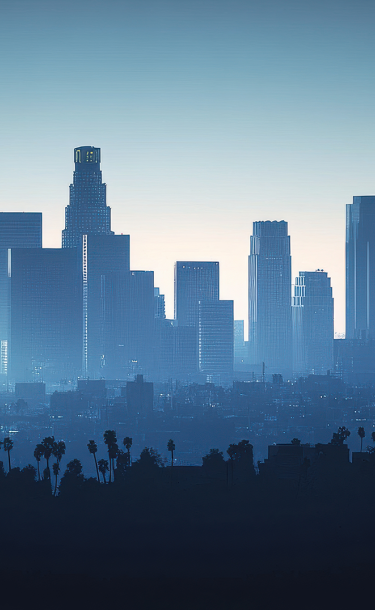 Silhouetted Los Angeles skyline at dawn with palm trees in the foreground.