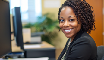 Smiling professional woman sitting at a desk in an office environment.