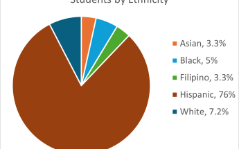 Students by Ethnicity chart. Asian 3.3%, Black 5%, Filipino 3.3%, Hispanic 76%, White 7.2%
