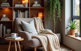 Reading nook with a plush armchair and coffee table