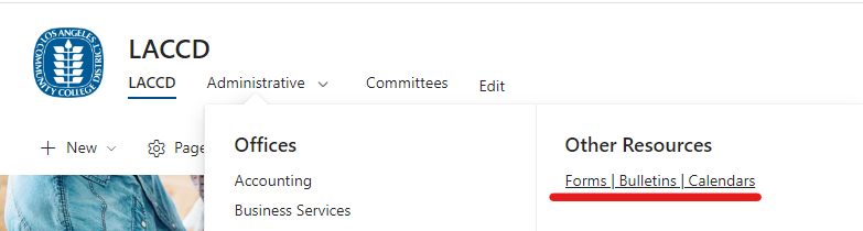 "Administrative" dropdown menu with "Forms | Bulletins | Calendars" highlighted