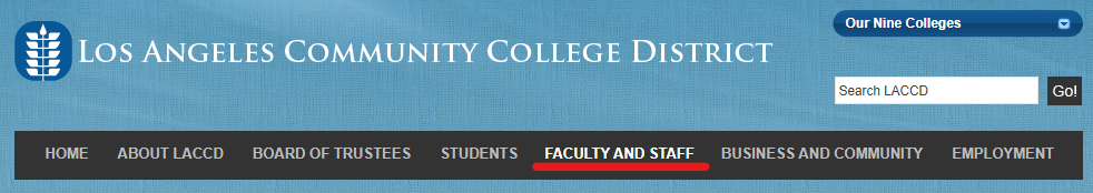 Old LACCD site header with "Faculty and Staff" highlighted