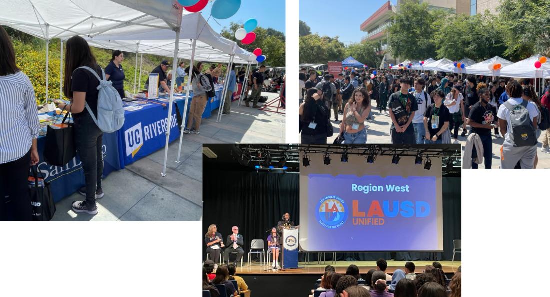 scenes from the Transfer Fair including student walking on Wildcat Walkway, interacting with university representatives and hearing remarks in an auditorium