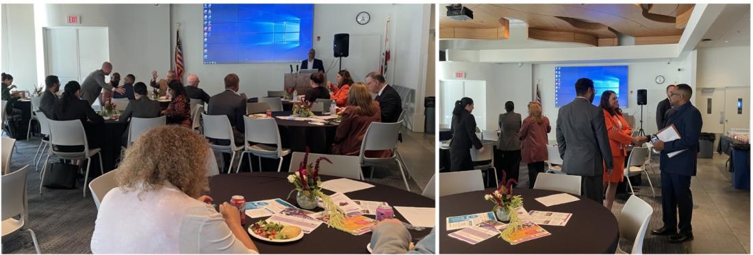 Left: LATTC President McQuarters welcomes attendees to the campus; Right: LA Mission President Ornelas greets attendees. Dr. Ornelas served in facilitating the day’s discussion.  