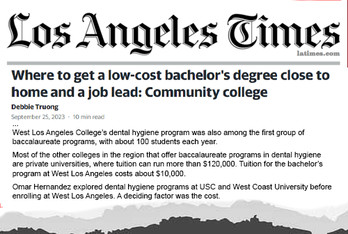Excerpt from LA Times article titled “Where to get a low-cost bachelor’s degree close to home and a job lead: Community college”