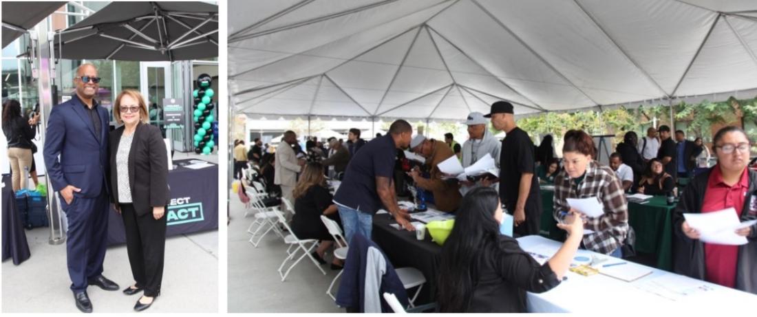 Left: Dr. Alfred McQuarters with Senator María Elena Durazo; Right: guests attend the Reentry Fair 