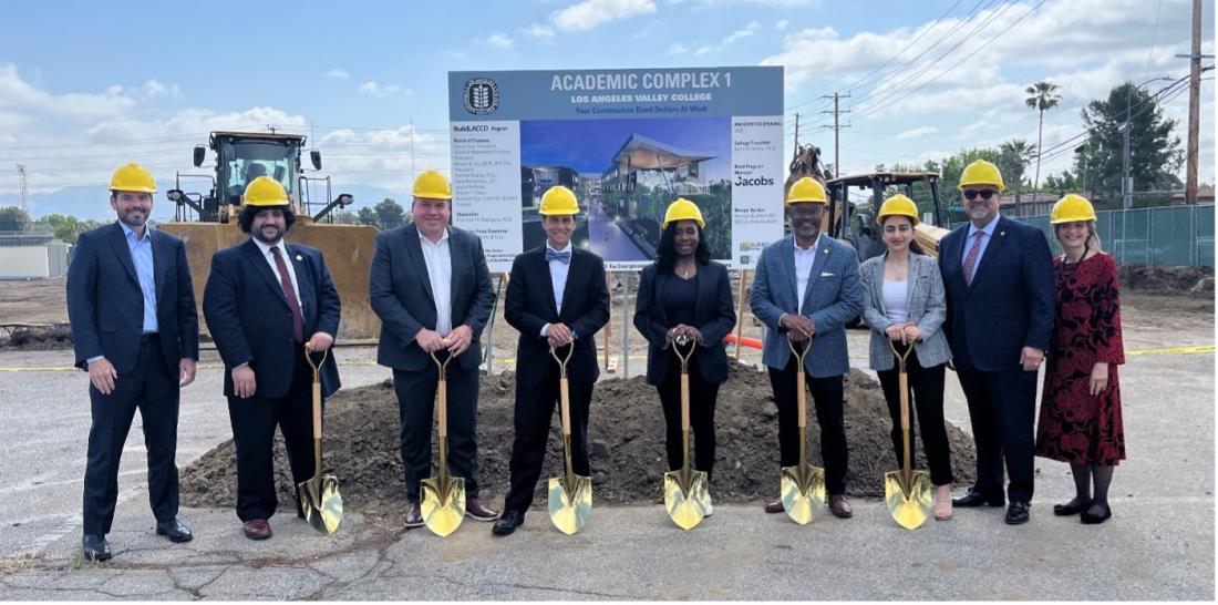 College and District officials gather to break ground on the LAVC Academic Complex 1 project. (L to R: Pankow Construction Vice President Jack Mollenkoph, Ryan Ahari from Councilmember Nithya Raham's Office, LACCD Director of Bond Capital Constriction Ian Erhardt, LAVC President Dr. Barry Gribbons, LACCD Board 1st Vice President Nichelle Henderson, LACCD Vice Chancellor and Chief Facilities Executive Dr. Ruben Smith, LAVC ASU President Ani Ramazyan, LACCD Chancellor Dr. Francisco Rodriguez, and LAVC Dean De