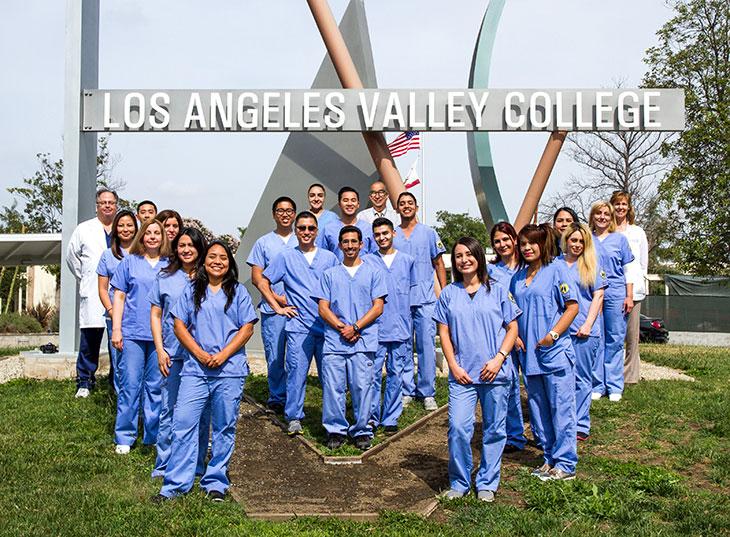LAVC Respiratory Therapy students and faculty in front of Los Angeles Valley College. 
