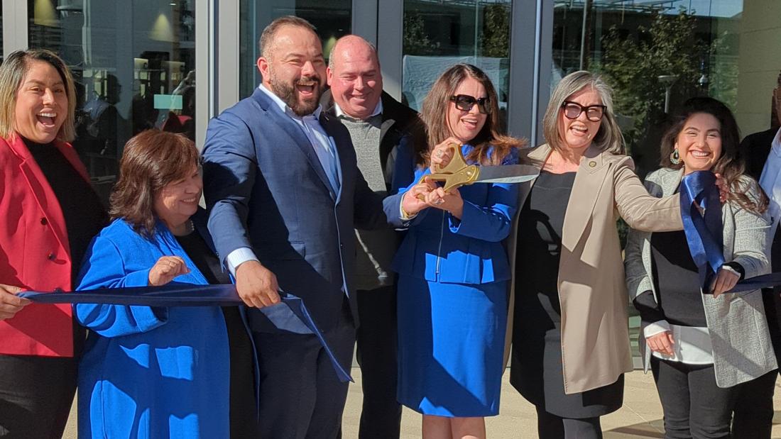 California State Senator Caroline Menjivar, LACCD Board President David Vela, LACCD Trustee Steve Veres, , and L.A. City Councilwoman Monica Rodriguez assisting college President Armida Ornelas in cutting a ribbon at the Student Services & Administration Building Grand Opening