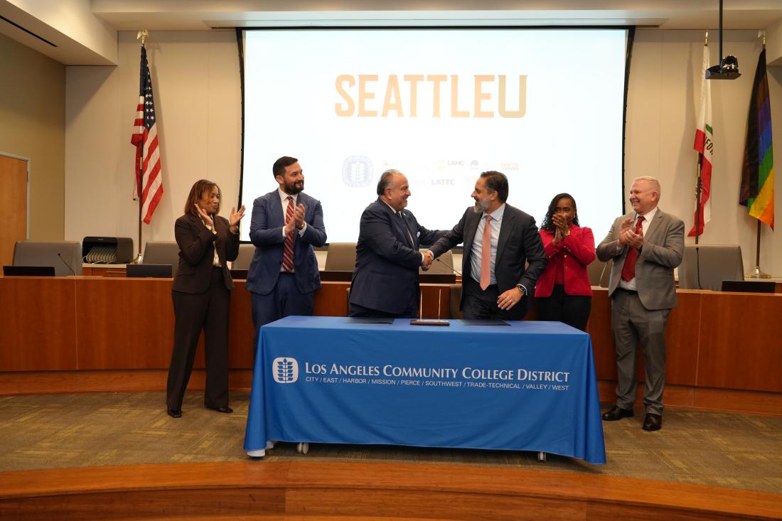 LACCD Chancellor Francisco Rodriguez and SU President Eduardo Peñalver following the signing of the memorandum of understanding.