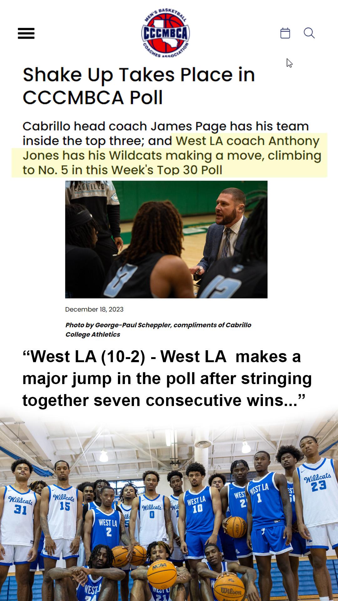 Screen print from CCCMBCA web site that praises WLAC’s men’s basketball team
