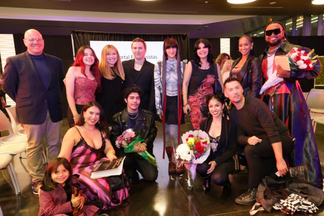 Design and Media Arts Chair, Mr. Joseph Guerrieri (far left) with the Fall 2023 Gold Thimble Fashion Show student participants.