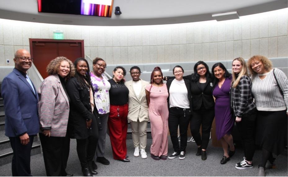 (Left to right): LATTC President Dr. Alfred McQuarters, LATTC Employment Placement Specialist Ms. Doris Driver, Netflix Integration Office Director Mrs. Amber Payne, Kamara Barnett, Ireri Ray, Adrianna Miller, Janay Johnson, Jocelyn Aguilar, Netflix Systems and Technology Manager Ms. Robin Rose, Netflix Global Security Program Manager Ms. Naz Amirsoleymani, Netflix Workplace Experience Manager Ms. Adrienne Kelley, and LATTC Dean of Pathway Innovation and Institutional Effectiveness Dr. Marcia Wilson
