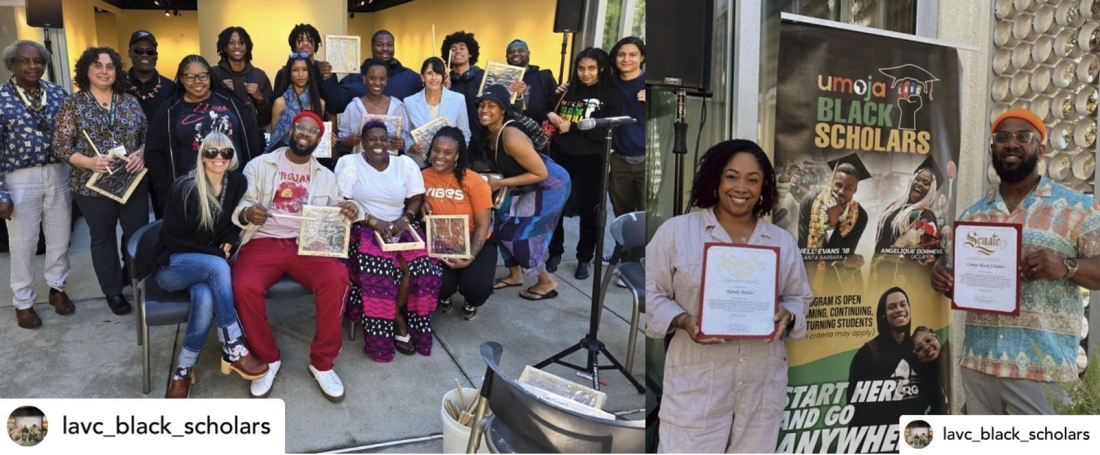 Students, faculty and staff show off their handmade African Drums (left), and Randy Butler and Dr. Elliott Coney with recognition certificates from Senator Caroline Menjivar (right).