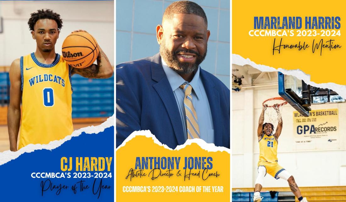 CJ Hardy, Anthony Jones and Marland Harris who are the CCCMBCA Player of the Year, Coach of the Year and Honorable Mention Team Player
