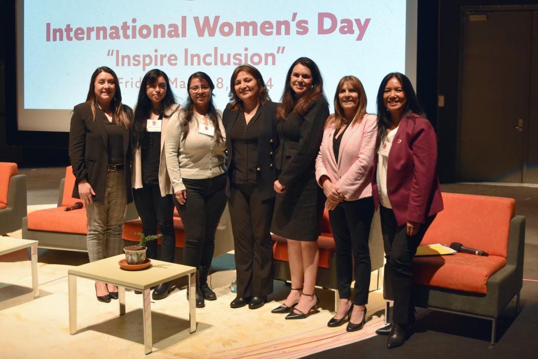 Group photo of the Women In STEM panel with Trustee Andrea Hoffman at the CCCWC’s Women’s Day event