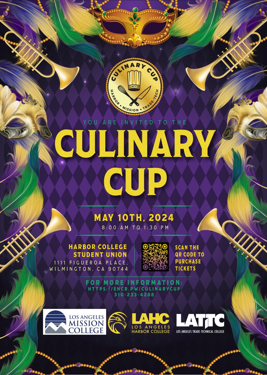 Culinary Cup - May 10, 2024  8am to 1:30pm  Join us at Los Angeles Harbor College for a day filled with delicious dishes and friendly competition between Mission, Harbor and Trade Tech. 