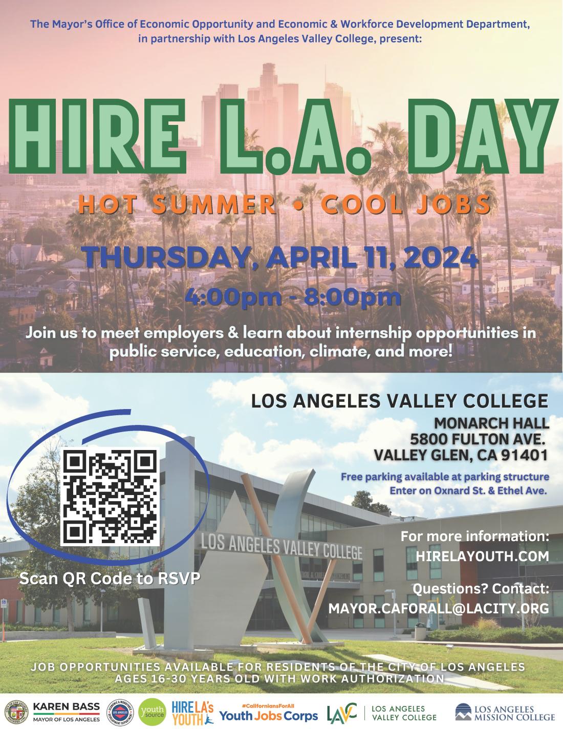 The Mayor’s Office of Economic Opportunity and Economic & Workforce Development Department is hosting a Hire L.A. Day at LA Valley College on Thursday, April 11 from 4-8 p.m.