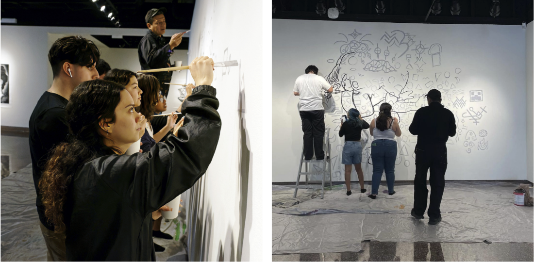 Puente students help artist Pável Acevedo paint a mural for his latest exhibition at the LAVC Art Gallery.