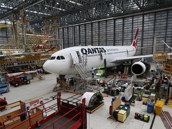 Qantas airplane in servicing hanger