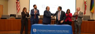 LACCD Chancellor Francisco Rodriguez and SU President Eduardo Peñalver following the signing of the memorandum of understanding.