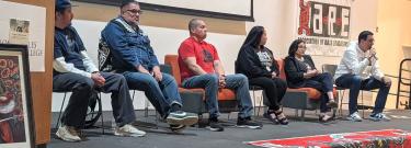 Lupe Carrasco Cardona (third from right), local chapter chair of the Association of Raza Educators, and Theresa Montaño (second from right) were among multiple speakers at the organization’s March 29 conference at LA Mission College in Sylmar. (SFVS/el Sol Photo/Maria Luisa Torres)