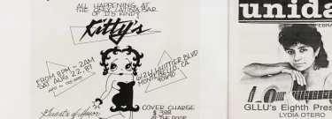 Items from the exhibition, including a flyer inviting Angelenos to gather at a Montebello bar.