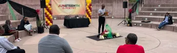 Event coordinator Stephan McGrue is the master of ceremonies at a Juneteenth poetry event at Pasadena City College.