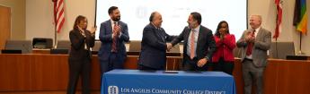 LACCD Chancellor Francisco Rodriguez and SU President Eduardo Peñalver following the signing of the memorandum of understanding.