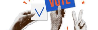 Three hands holding vote signs