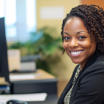 Smiling professional woman sitting at a desk in an office environment.